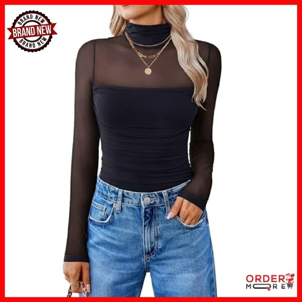 Long Sleeve Mesh Bodysuit Shapewear Turtle Neck Thong Back Snap Closure